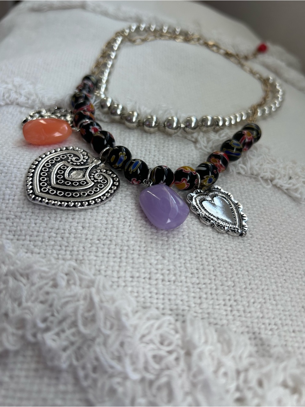 FP Silver Heart Pendant Necklace with Peach and Lavender Beads - Picture 4 of 5